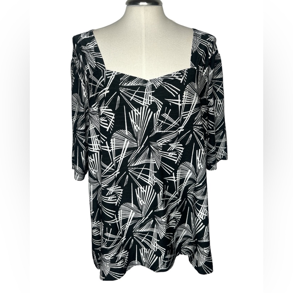 Women's Leaf Print Black White 3/4 Sleeve Blouse Size 4X (26/28)